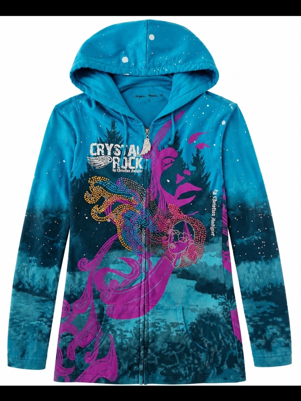 Crystal Rock by Christian Audigier Y2K Rhinestone Zip Hoodie | Turquoise|Size S
